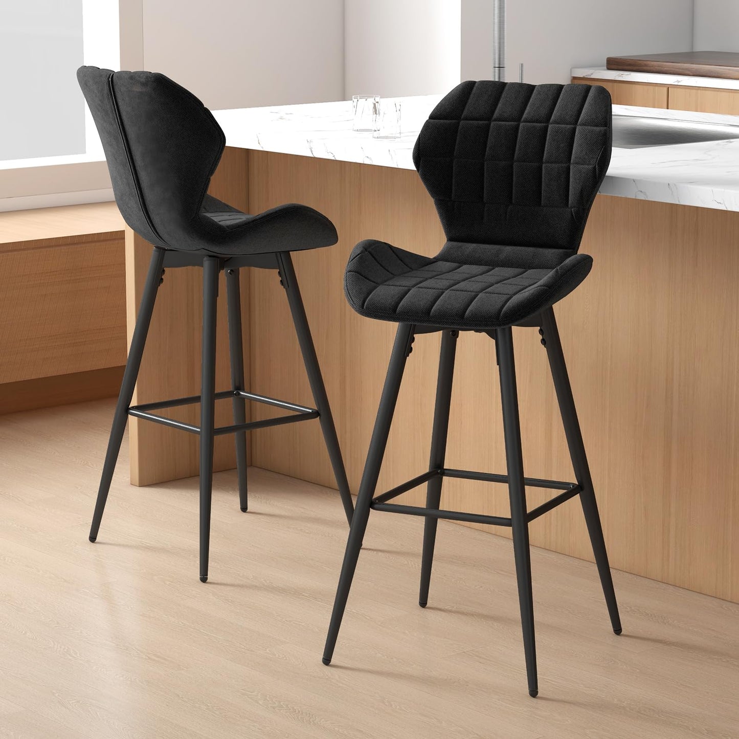 Bar Stools Set of 2, Upholstered Kitchen Stools with Curved Backrest & Seat