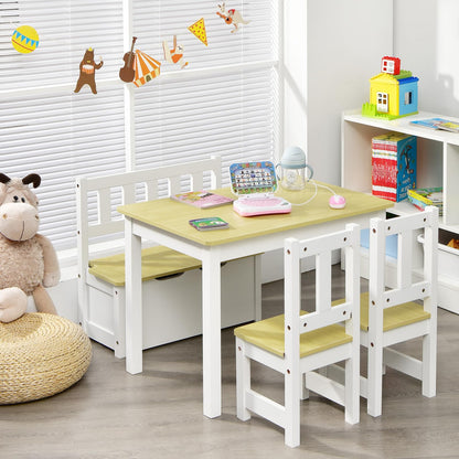 Kids Table & Chair Set, 4-Piece Children Furniture with Toy Storage Bench