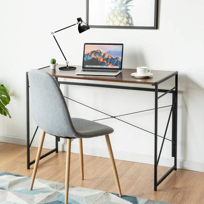 Folding Computer Desk, Modern Simple Study Desk Writing Workstation with 6 Hooks and Crossbars