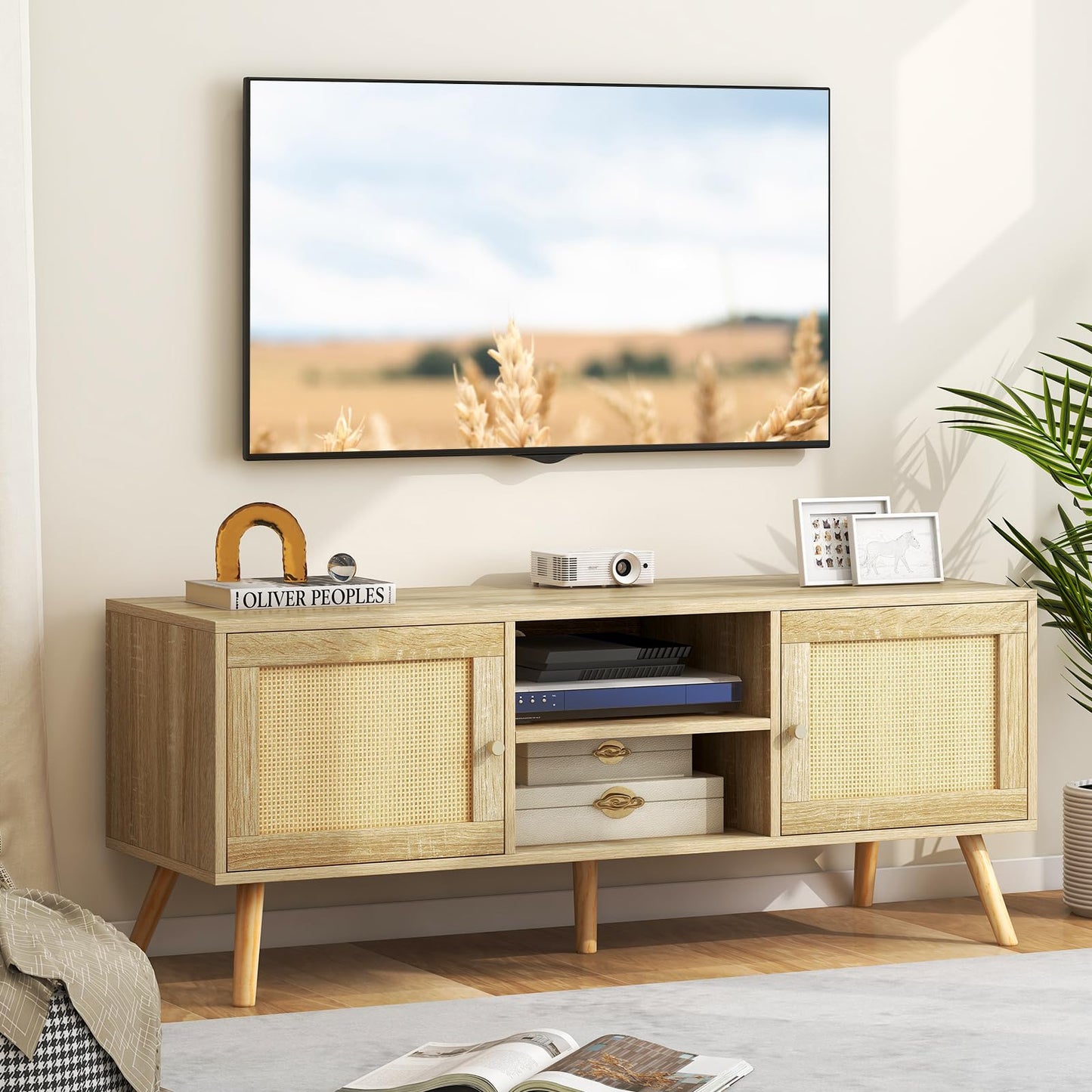 TV Stand for TVs up to 55", Wooden TV Cabinet Media Entertainment Center with 2 Rattan Effect Doors and Open Storage Shelves