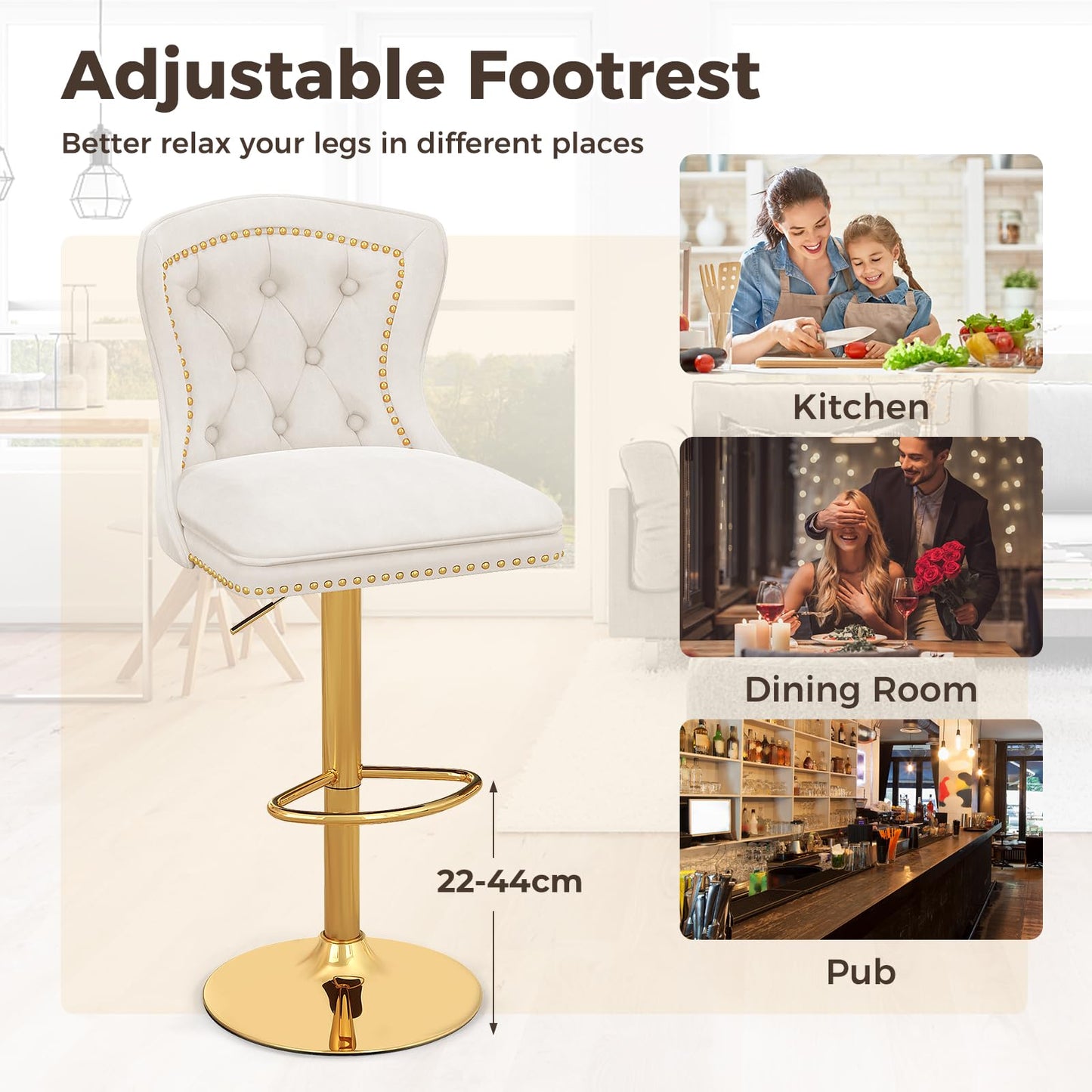 1 PCS Swivel Bar Stool, Velvet Height Adjustable Pub Chairs with Curved Backrest, Footrest