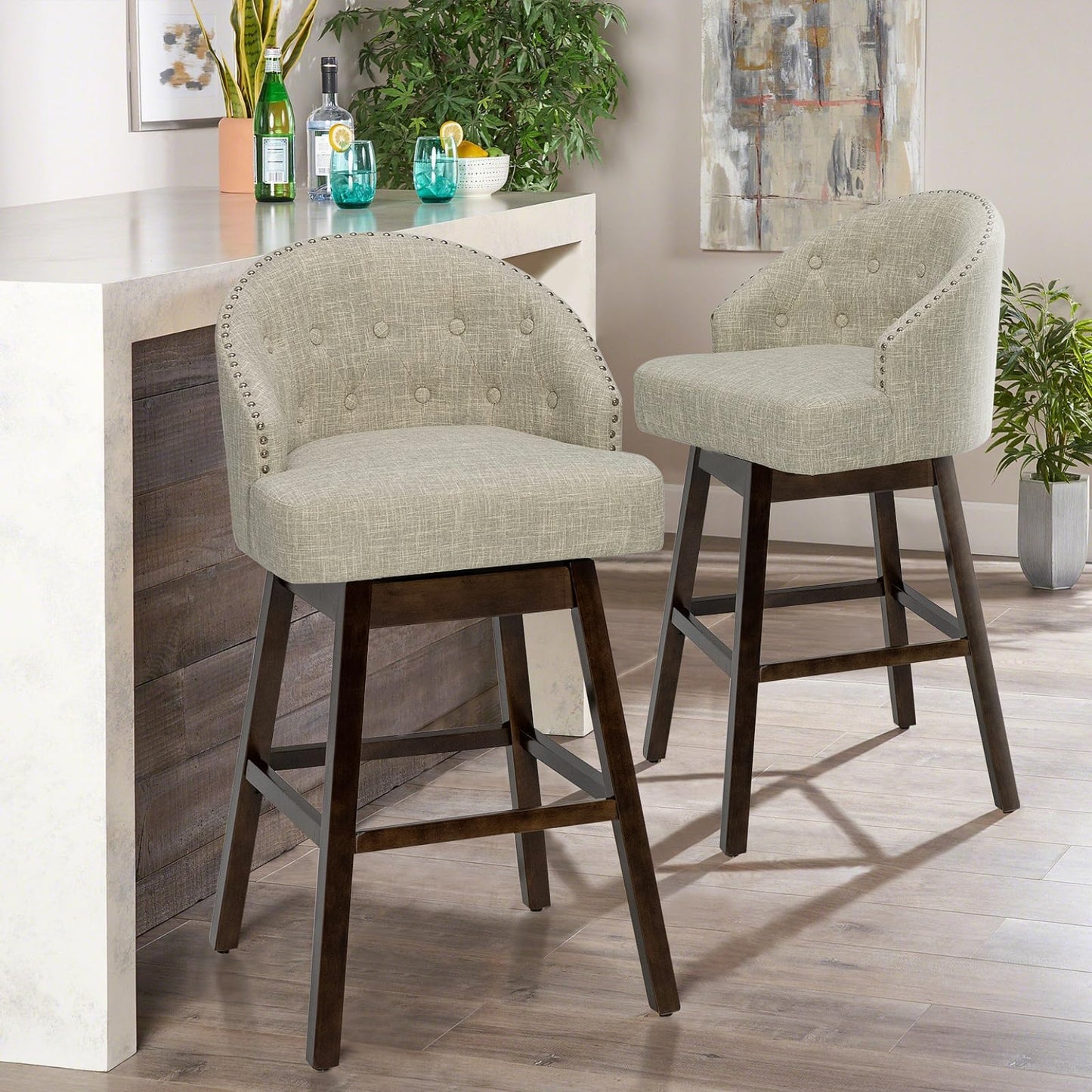 GiantexUK Set of 2 Bar Stools, Upholstered Swivel Kitchen Barstools with Padded Backrest & Rubber Wood Legs