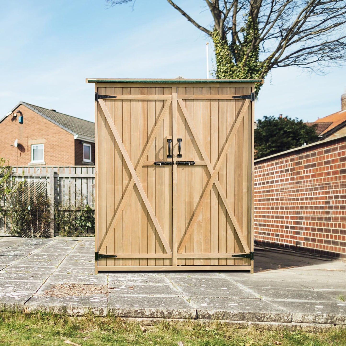 GiantexUK Wooden Garden Shed, Tool Storage Cabinet with 3 Shelves, Asphalt Sloped Roof