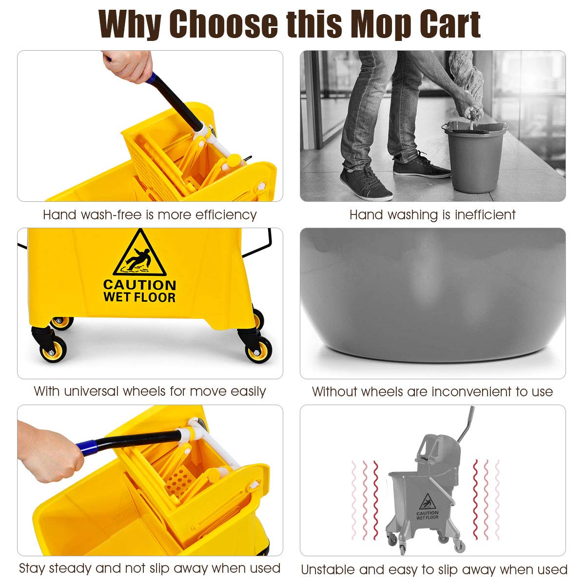 GiantexUK 20L Mop Bucket and Wringer, Mobile Cleaning Floor Cart with Metal Handle, Mopping Buckets for Household & Commercial Use (20L, 28 x 60 x 67cm)