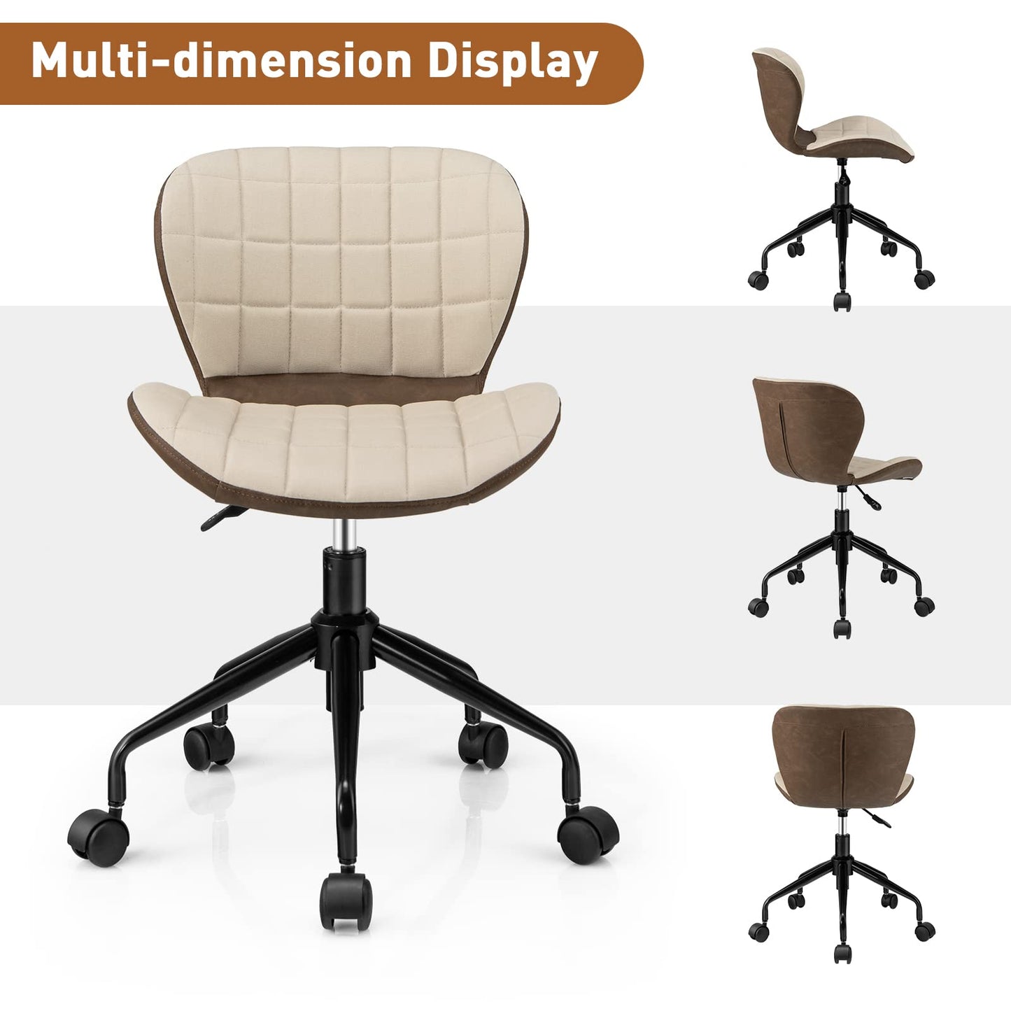 Swivel Office Chair, Ergonomic Height Adjustable Computer Desk Chairs with Wheels, Linen Fabric PU Leather