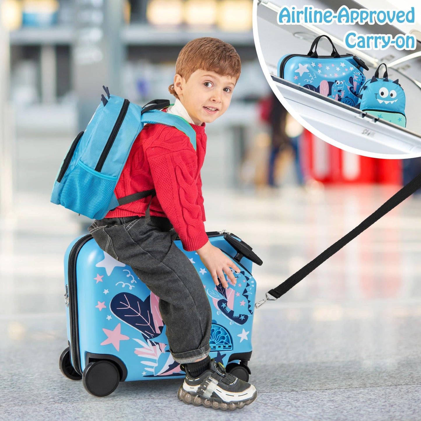 2 PCS Kids Luggage Set, 12” Backpack + 18” Ride-on & Carry-on Suitcase with Footrest (Dinosaur, Blue)