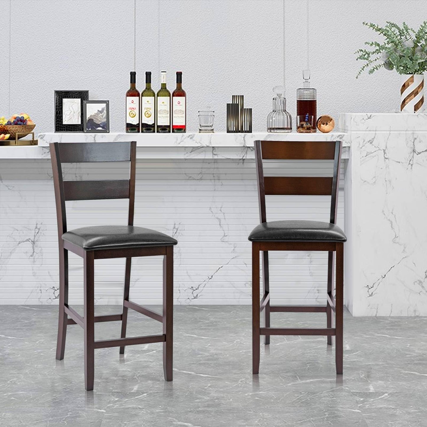 GiantexUK Bar Stools Set of 2, Upholstered PU Leather Kitchen Bar Chairs with Back Support & Footrest