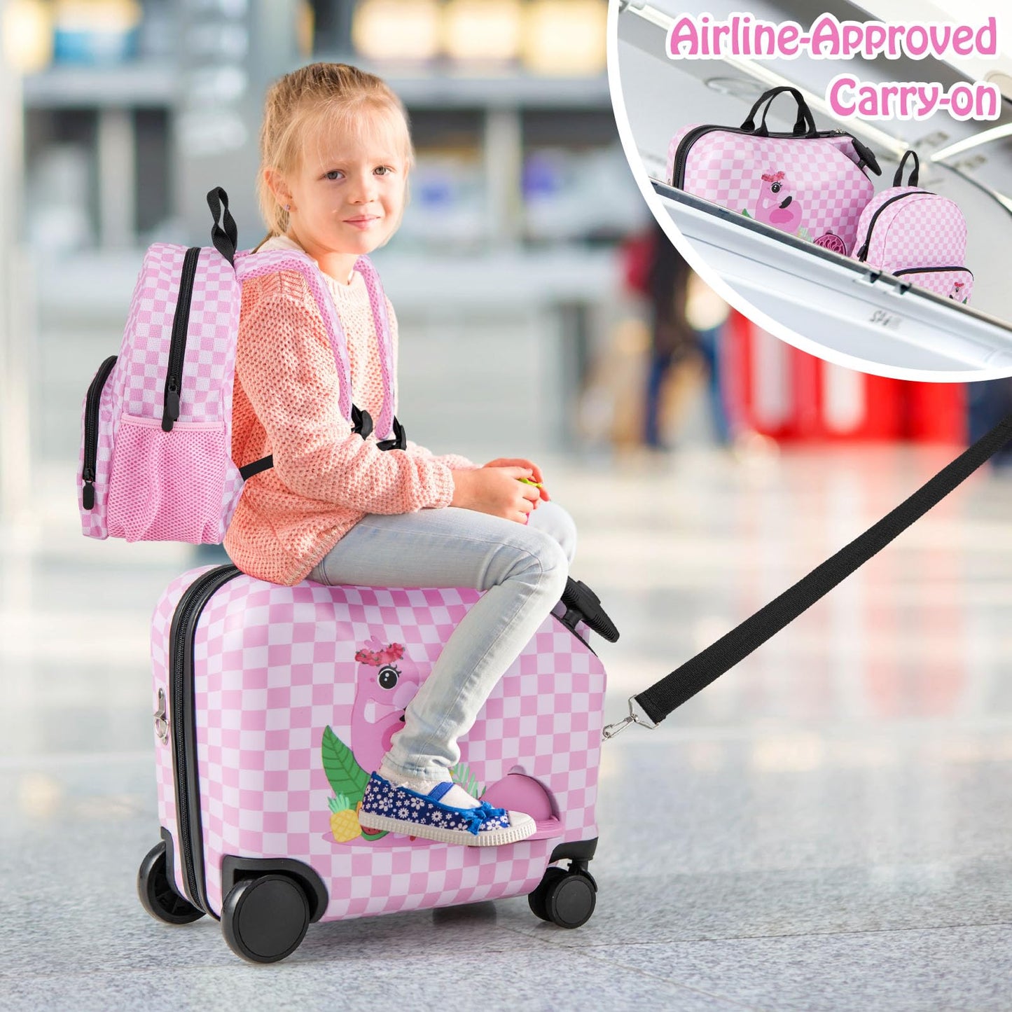 2 PCS Kids Luggage Set, 12” Backpack + 18” Ride-on & Carry-on Suitcase with Footrest