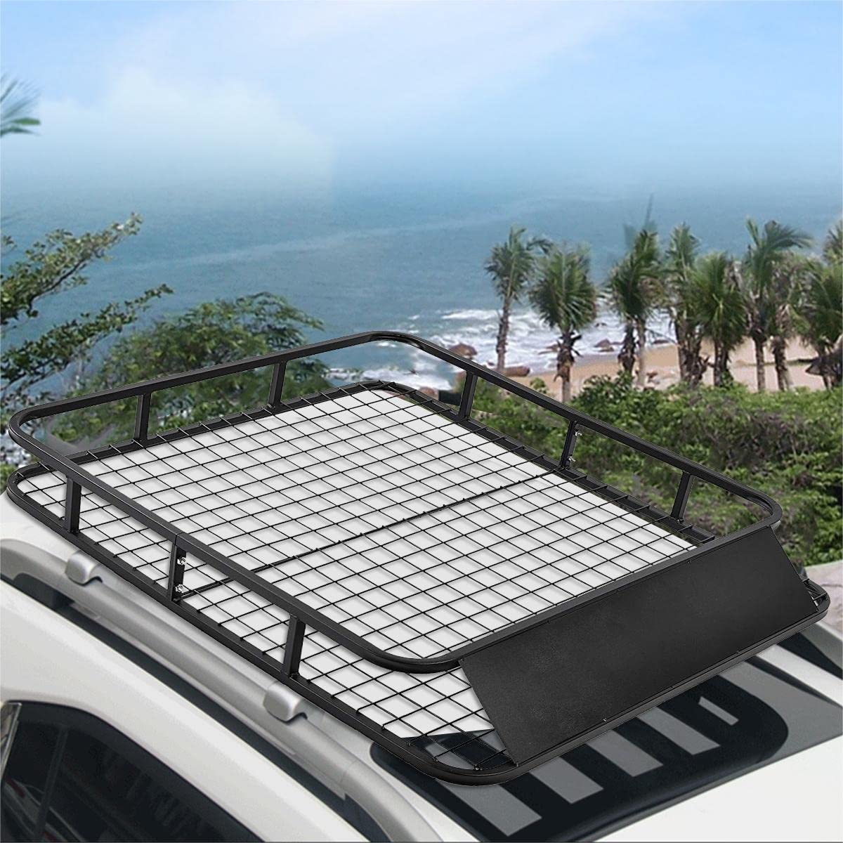 GiantexUK Roof Rack Basket Tray, 123x102x14cm Steel Luggage Cargo Carrier with Bars & Wind Fairing