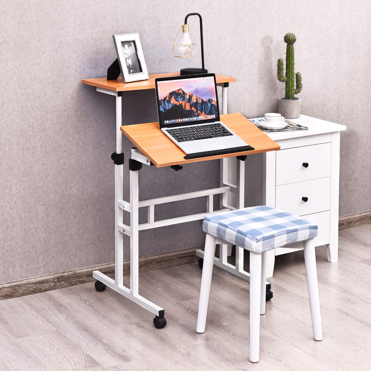 Height Adjustable Standing Desk, Mobile Laptop Table Computer Desk with Tilting Tabletop and Wheels