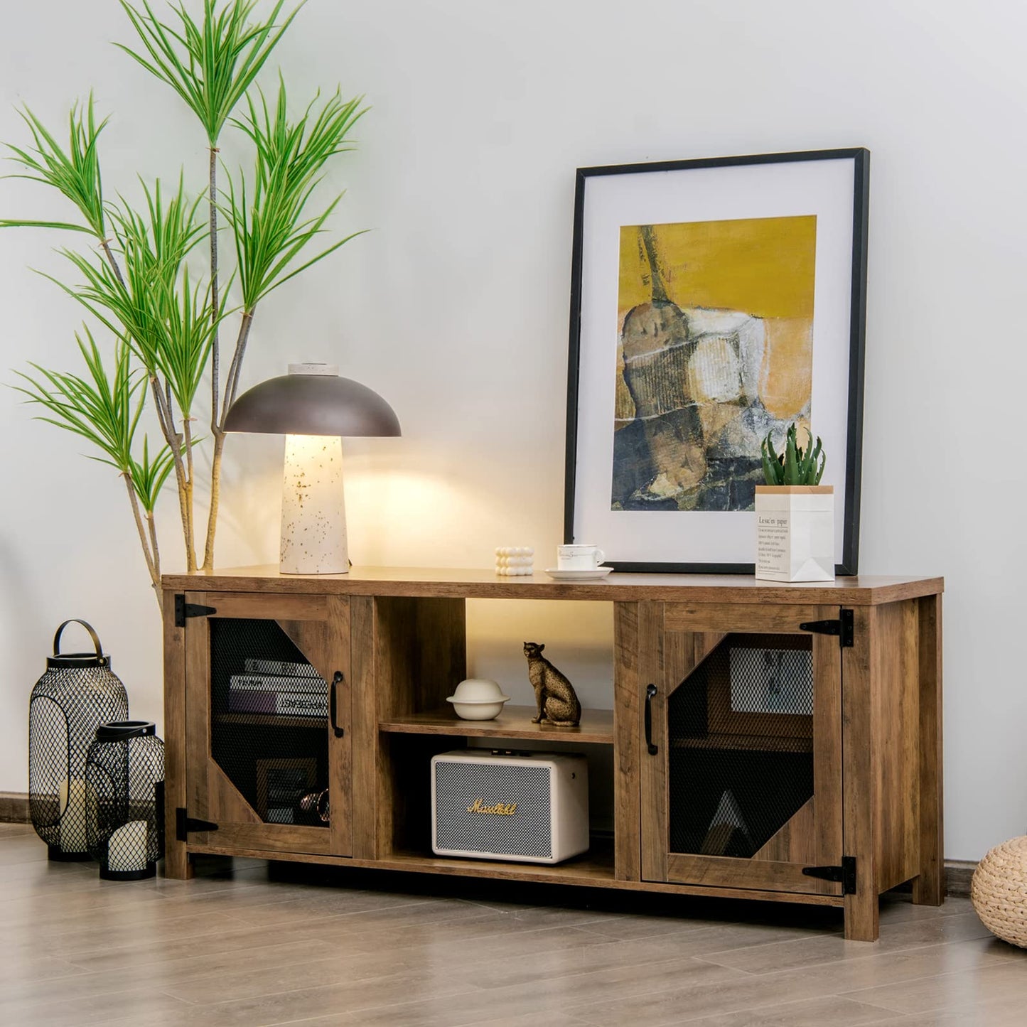 TV Stand for TVs up to 65 Inches, Wooden Farmhouse TV Cabinet Media Entertainment Center (Mesh Doors, 147 x 40 x 60cm)