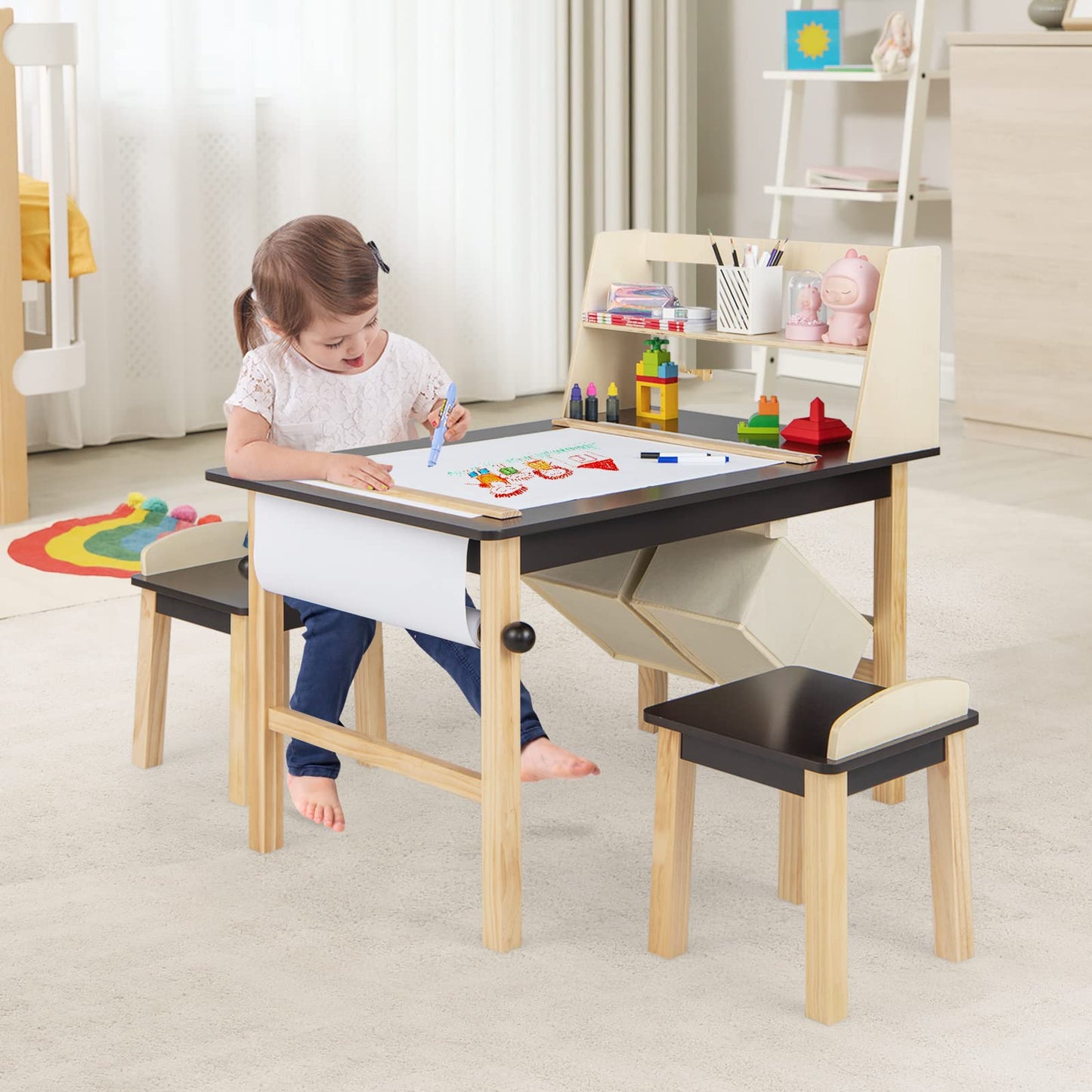 Kids Art Table and Chairs Set, Wooden Toddler Craft Desk with 2-Tier Open Shelf and 2 Storage Bins