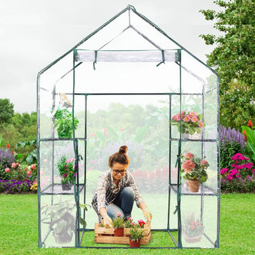 GiantexUK Walk In Greenhouse, 3 Tier Grow House with 4 Mesh Shelves, PVC Cover & Zippered Roll up Door