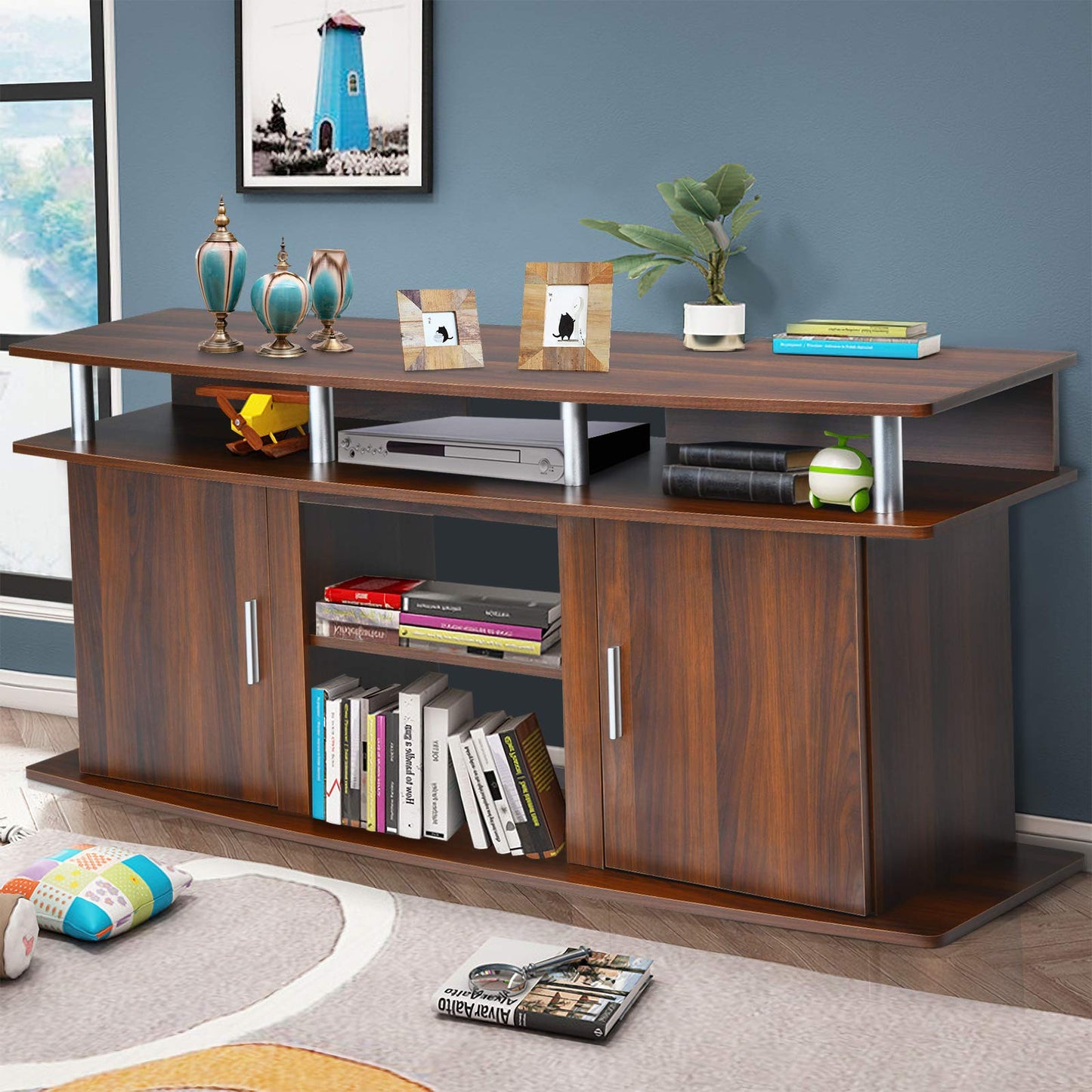 TV Stand for TVs up to 70 Inches, Wooden TV Cabinet Media Entertainment Center with 2 Doors and Open Shelves (Cherry)