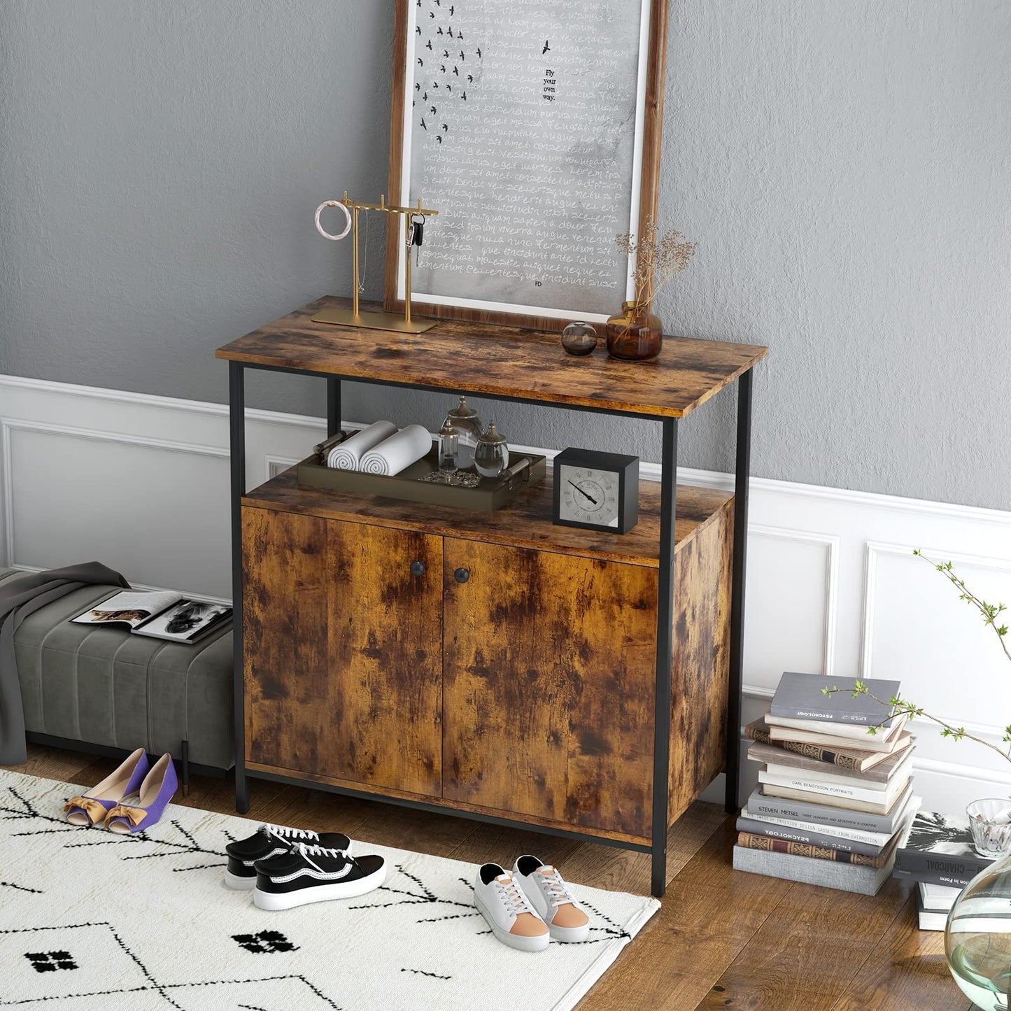 GiantexUK Industrial Sideboard, 2 Door Storage Cabinet with Open Shelf