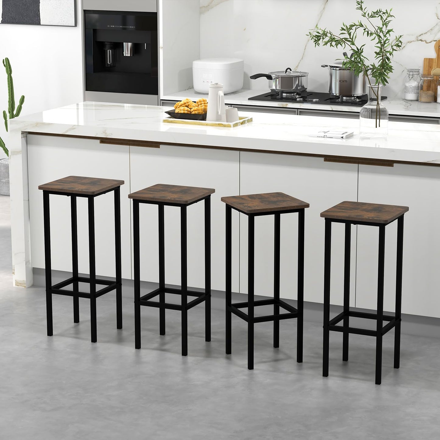 Bar Stools Set of 4, Industrial Bar Chairs with Footrest and Non-slip Pads (Rustic Brown+Black)