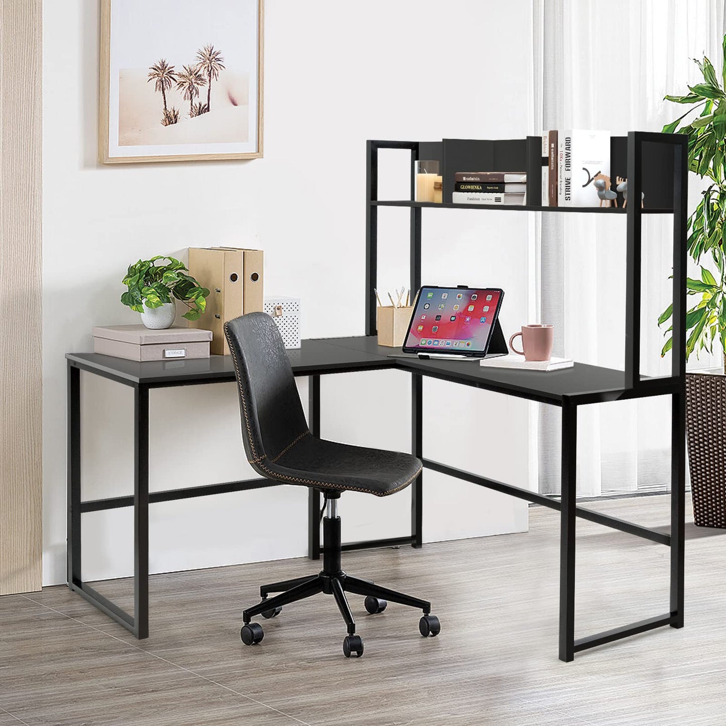 L-Shaped Computer Desk, Industrial Large 2-Person Corner Writing Workstation PC Laptop Table