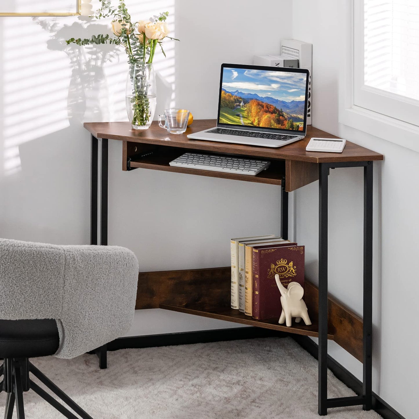 Corner Desk, Industrial Triangle Computer Desk PC Laptop Table with Keyboard Tray and Storage Shelf