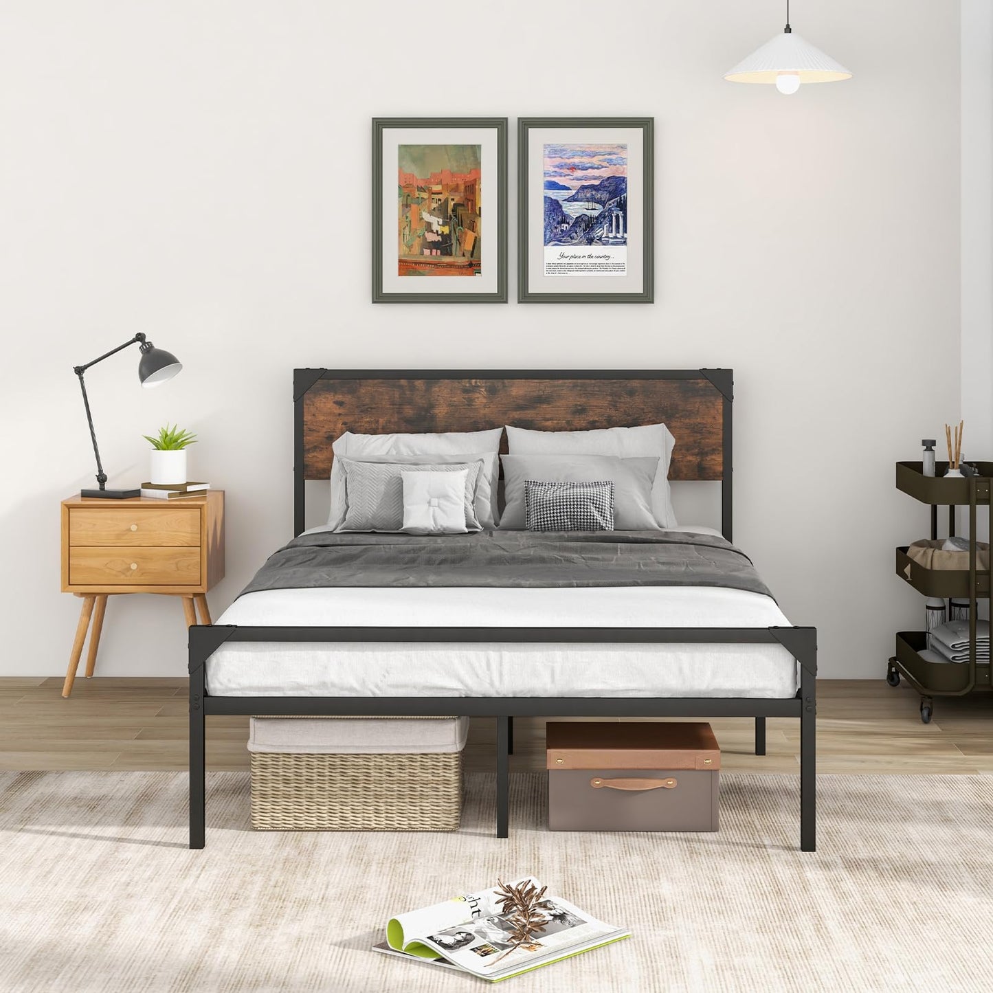 4FT6/5FT Bed Frame, 31cm Full/Queen Size Platform Bed with Rustic Headboard & Footboard