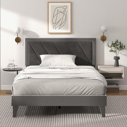 3FT/4FT6 Bed Frame, Single/Double Velvet Upholstered Platform Bed with Headboard,