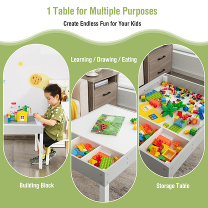 3-in-1 Kids Activity Table, Wooden Children Building Blocks Table with Reversible Tabletop and Storage