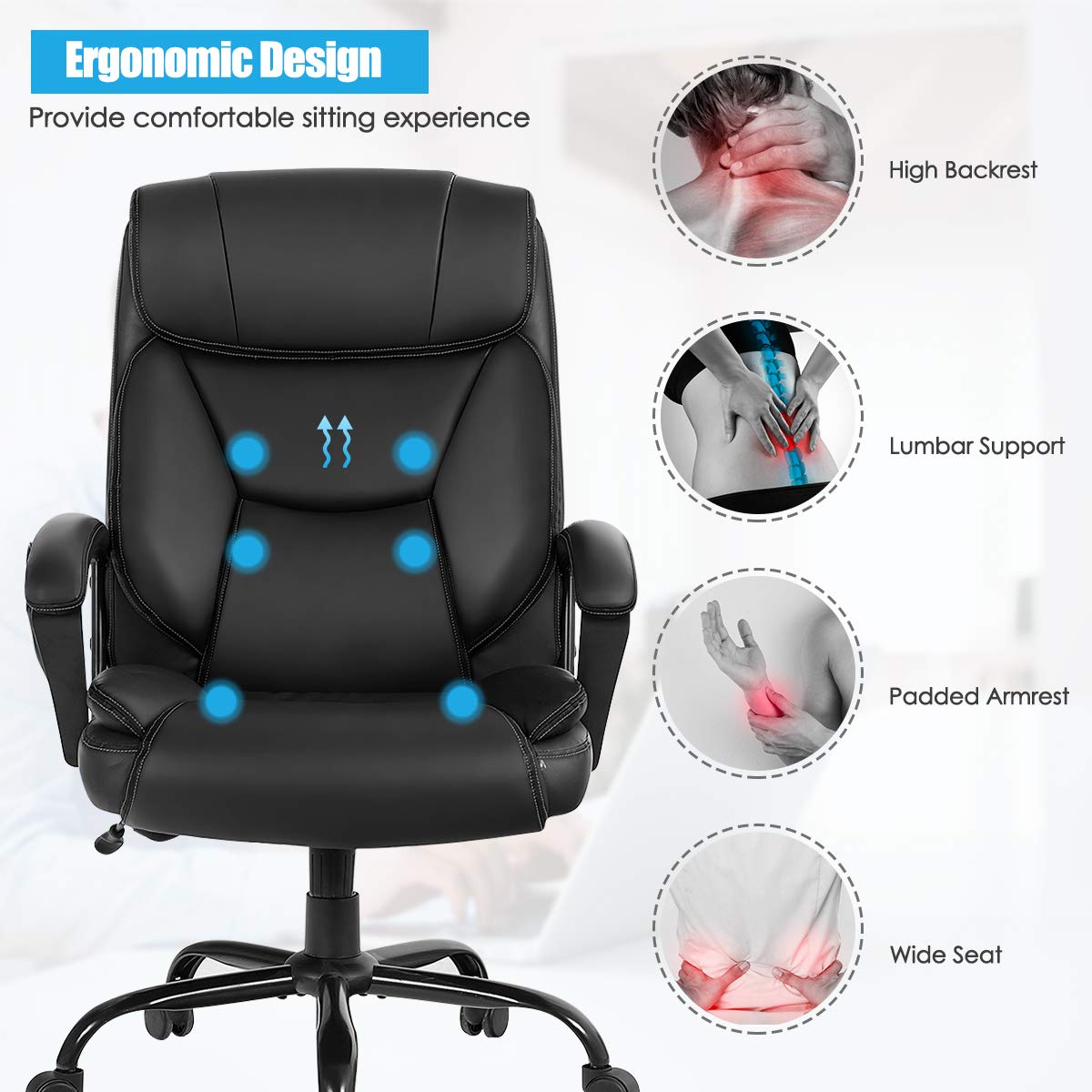 500LBS Big & Tall Massage Office Chair, Height Adjustable PU Leather Executive Computer Desk Chair with Rocking Backrest and Arms