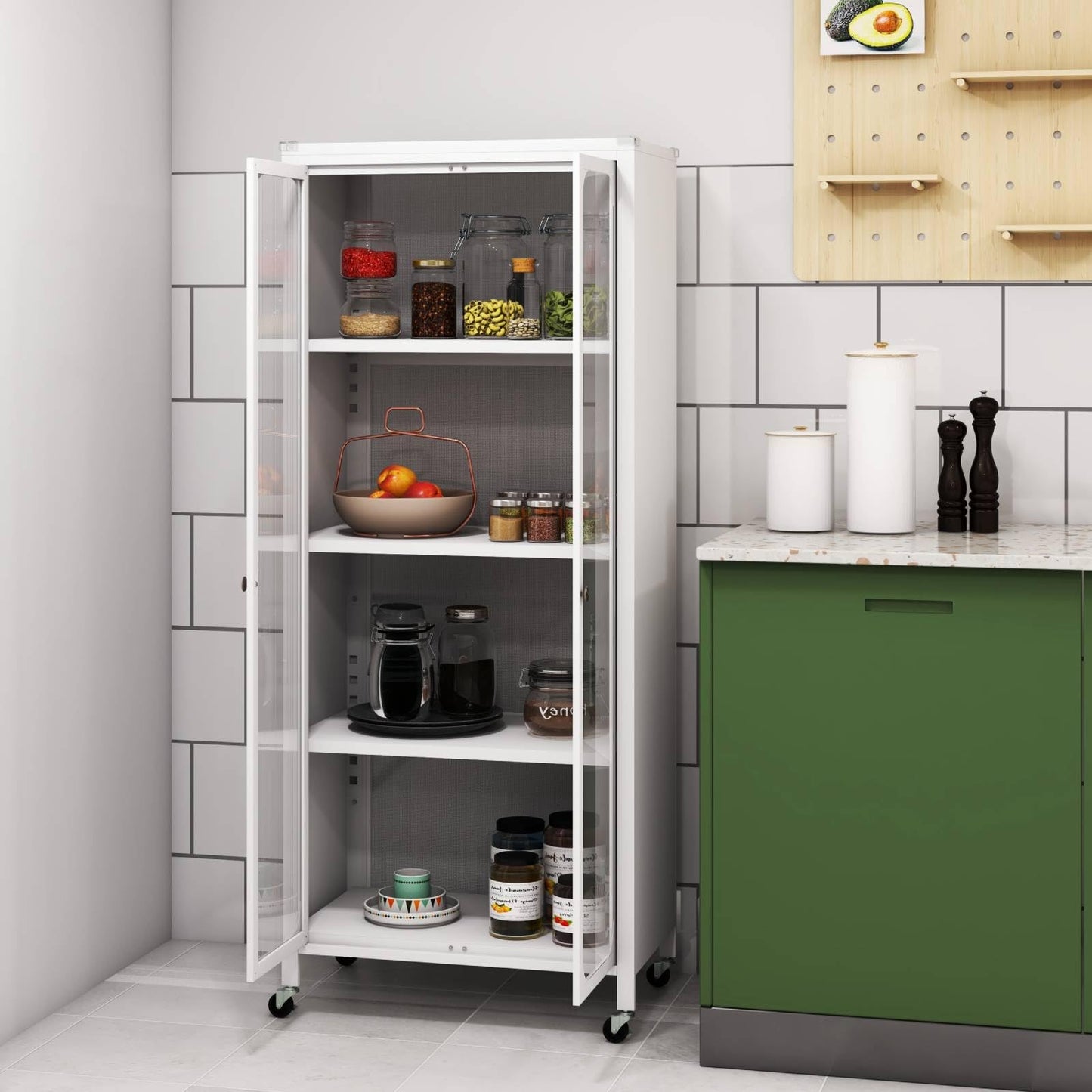 GiantexUK Storage Cabinet on Wheels, Mobile Kitchen Cupboard with Doors, Adjustable Shelves & Anti-Toppling Device