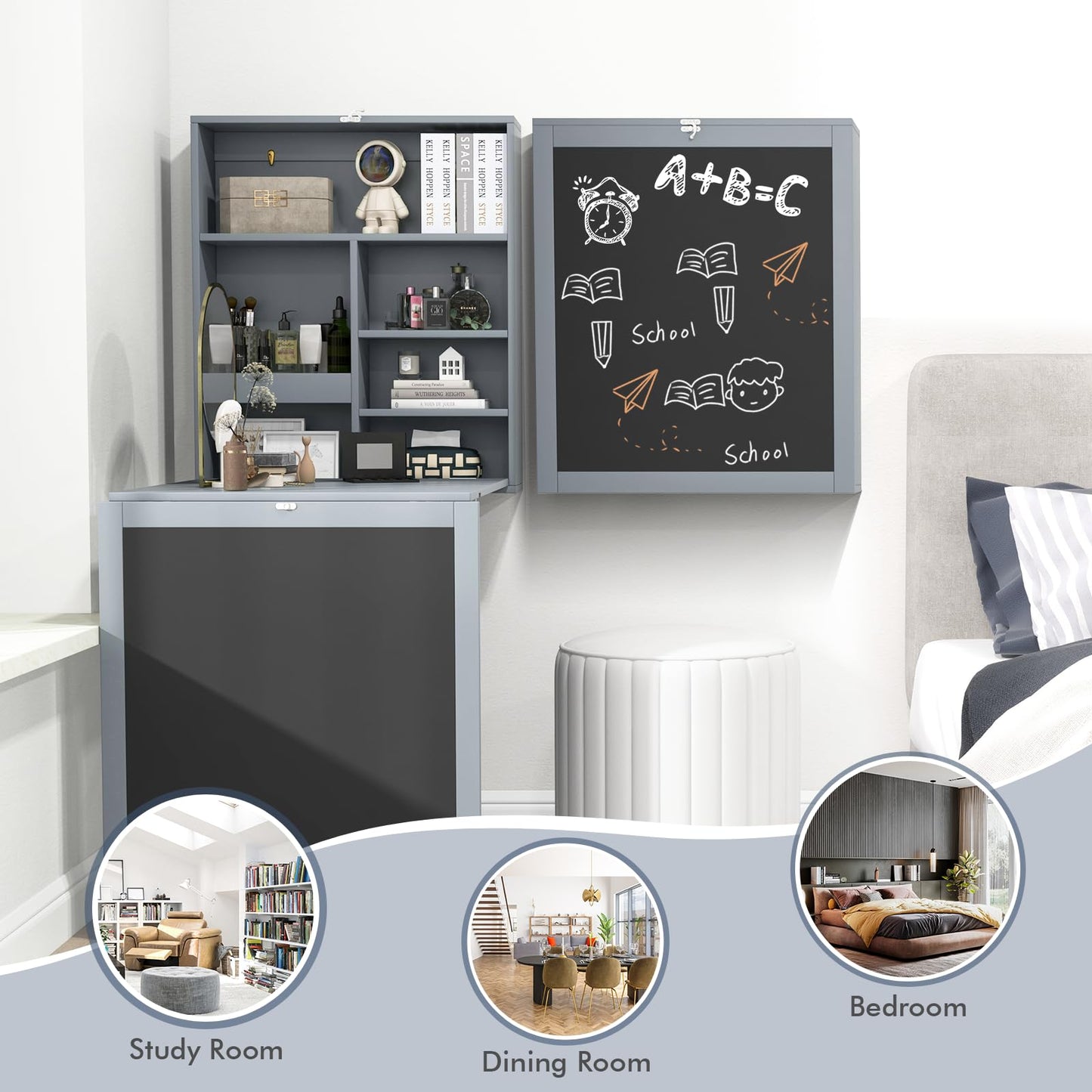 Wall Mounted Computer Desk, Folding Convertible Wall Table with Blackboard & Storage Shelves