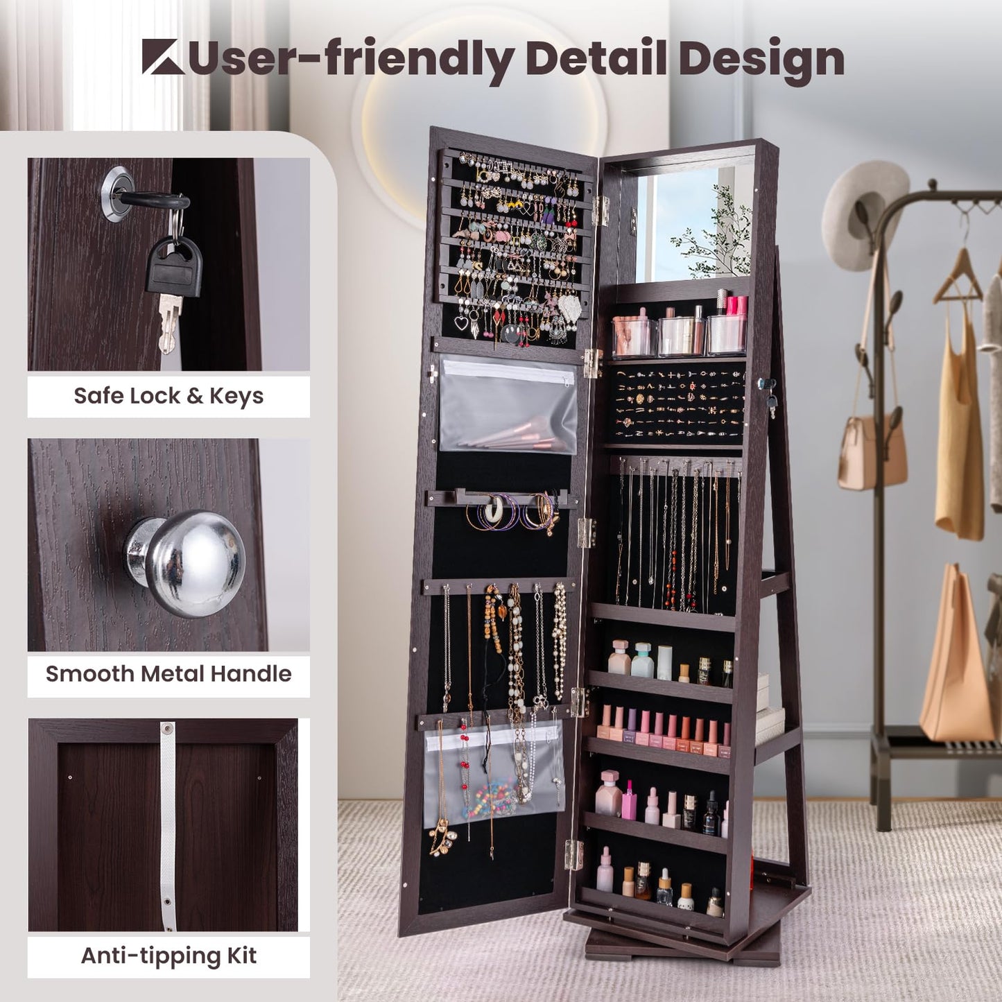 360° Swivel 3-in-1 Jewelry Cabinet, Lockable Jewelry Armoire Storage Unit with Full Length Mirror and Display Shelf