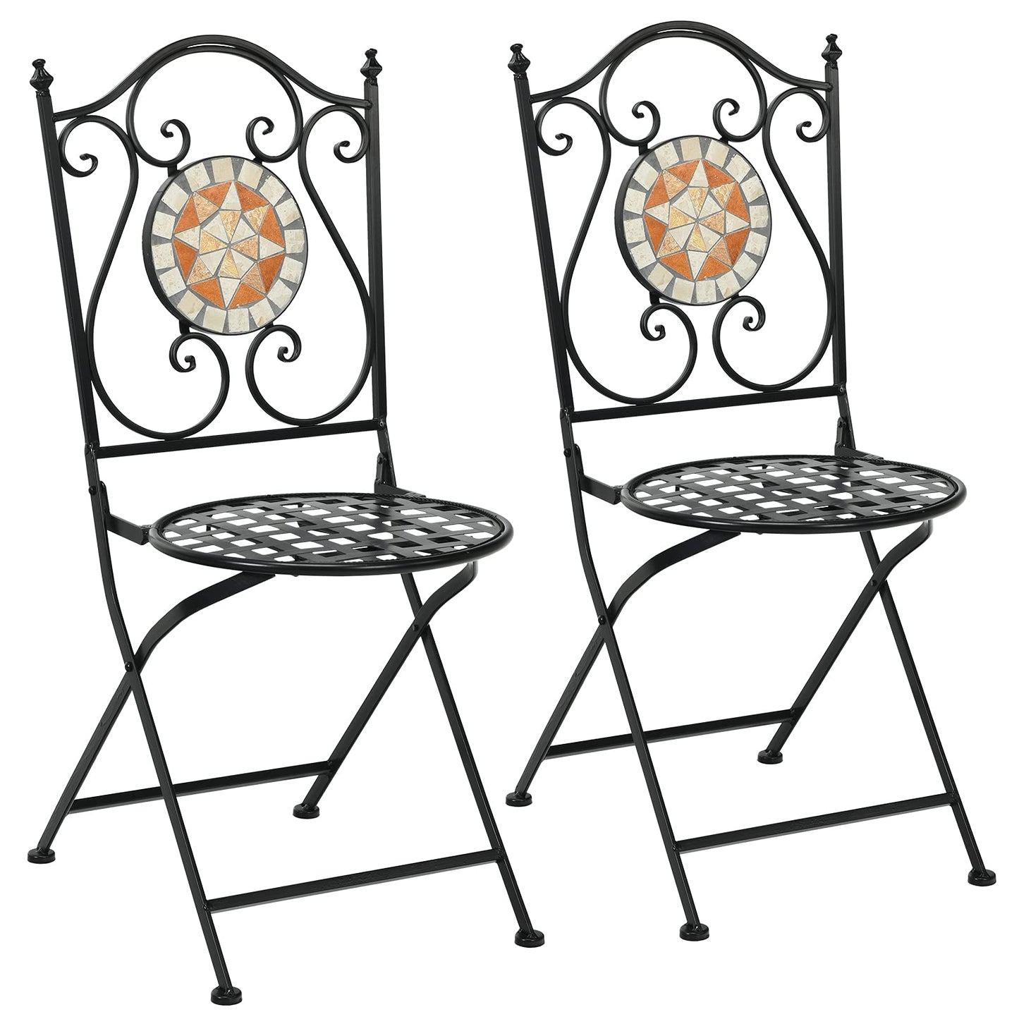 GiantexUK Folding Mosaic Chairs, Set of 2 Metal Round Bistro Garden Chairs, Patio Furniture Seats for Patio, Yard & Balcony, Seat Height 47 cm