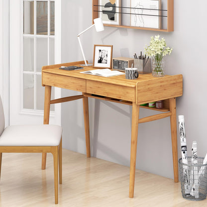 Bamboo Computer Desk, 100cm Study Table Writing Workstation with 2 Storage Drawers