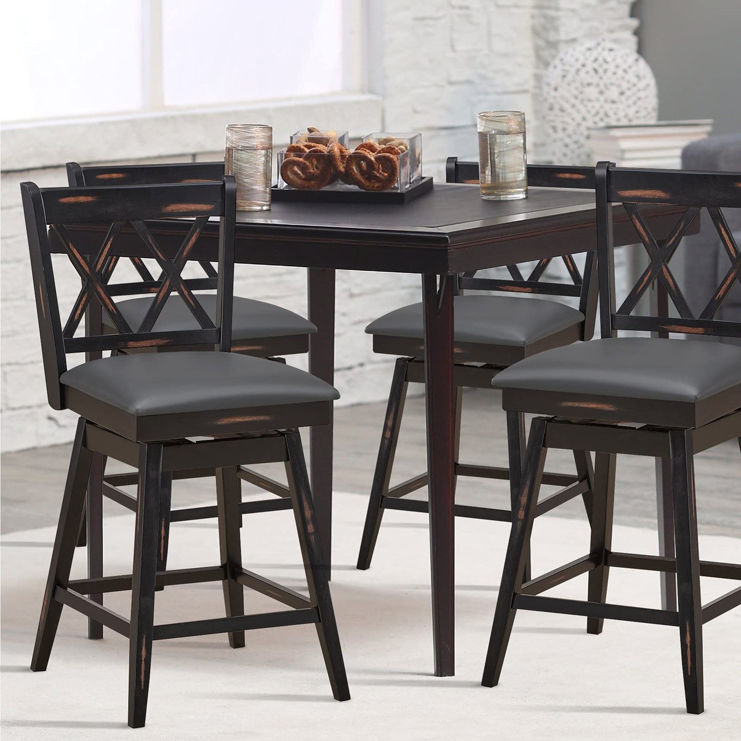 GiantexUK Bar Stools Set of 2, Upholstered 360° Swivel Barstools with Slatted Back & Footrest