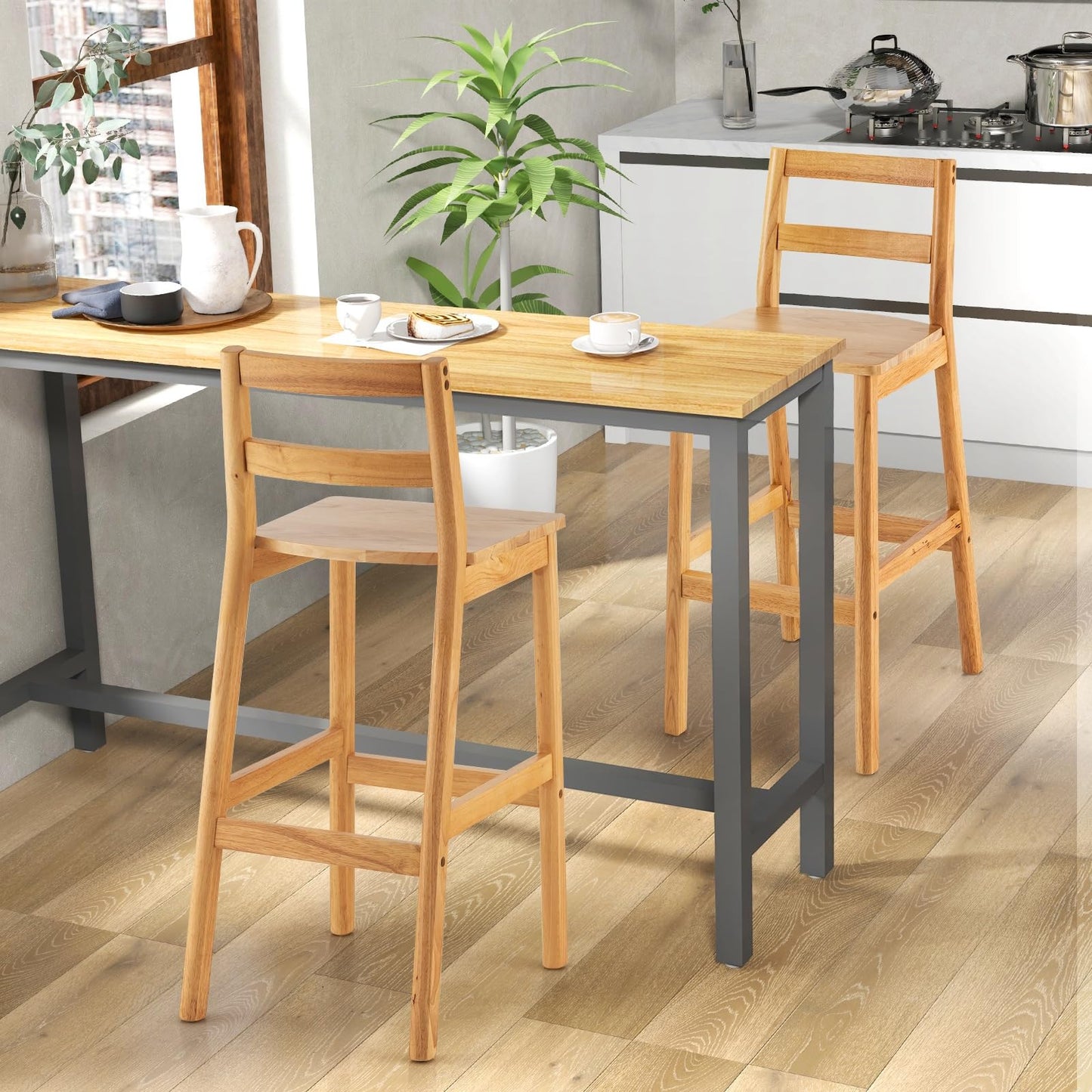 GiantexUK Bar Stool Set of 2, Rubber Wood Breakfast Chairs with Backrest & Footrest, 71CM Armless Counter Height Seat Set