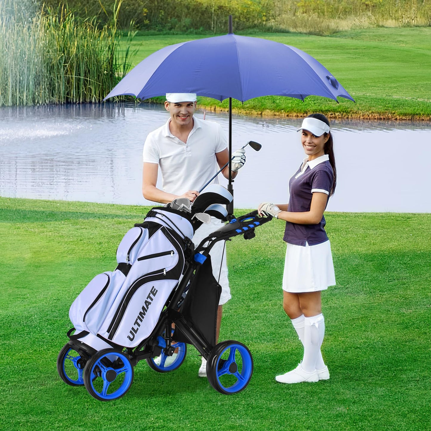 4 Wheel Golf Trolley, Lightweight Folding Golfs Push Pull Cart with Adjustable Height Handle, Umbrella Stand, Cup Holder and Foot Brake