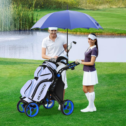 4 Wheel Golf Trolley, Lightweight Folding Golfs Push Pull Cart with Adjustable Height Handle, Umbrella Stand, Cup Holder and Foot Brake