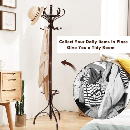 GiantexUK Rotating Coat Hat Rack, Wooden Freestanding Clothes Hanger with 12 Hooks