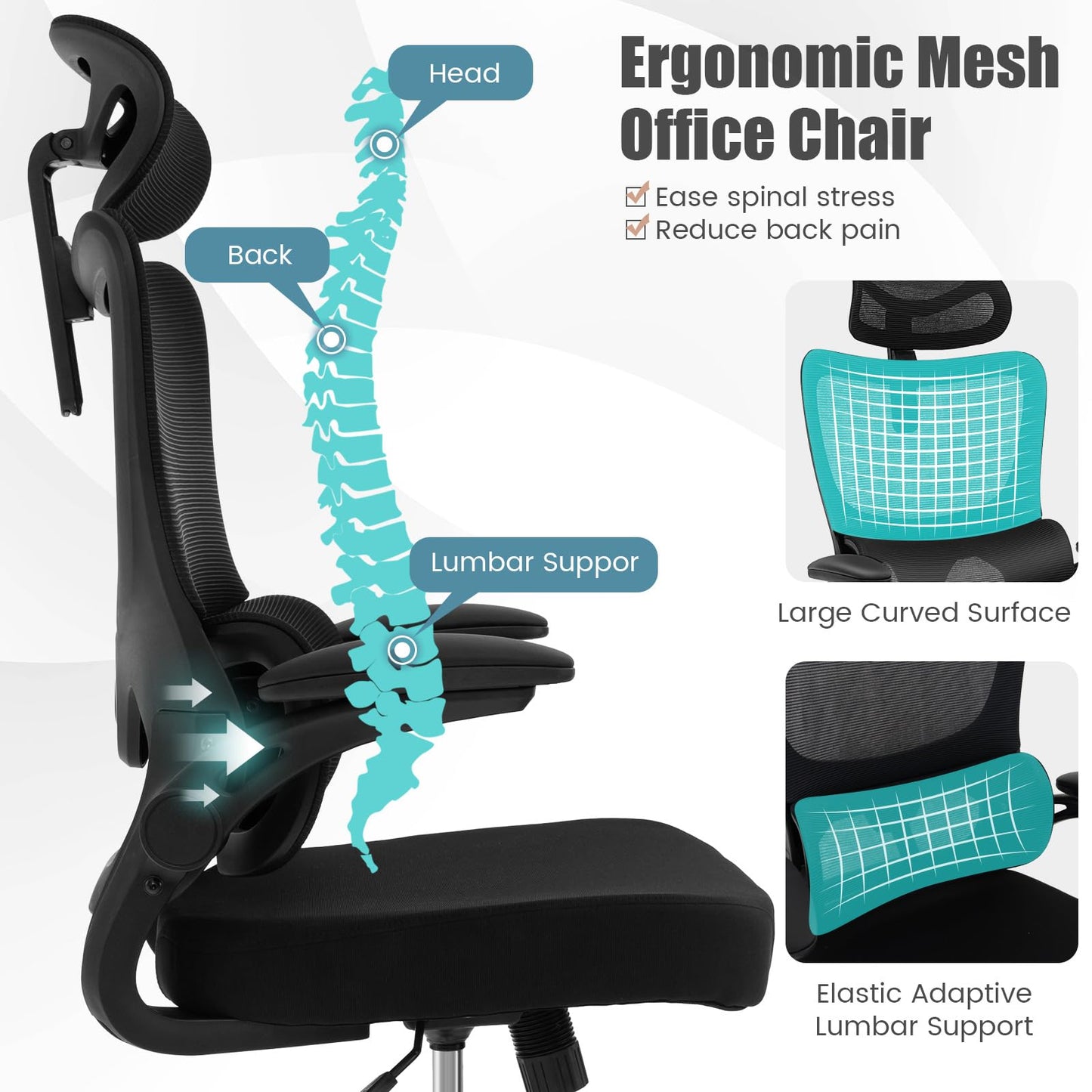 Mesh Office Chair, Ergonomic High Back Swivel Computer Desk Chair with Lumbar Support (71 x 71 x 117-127cm)