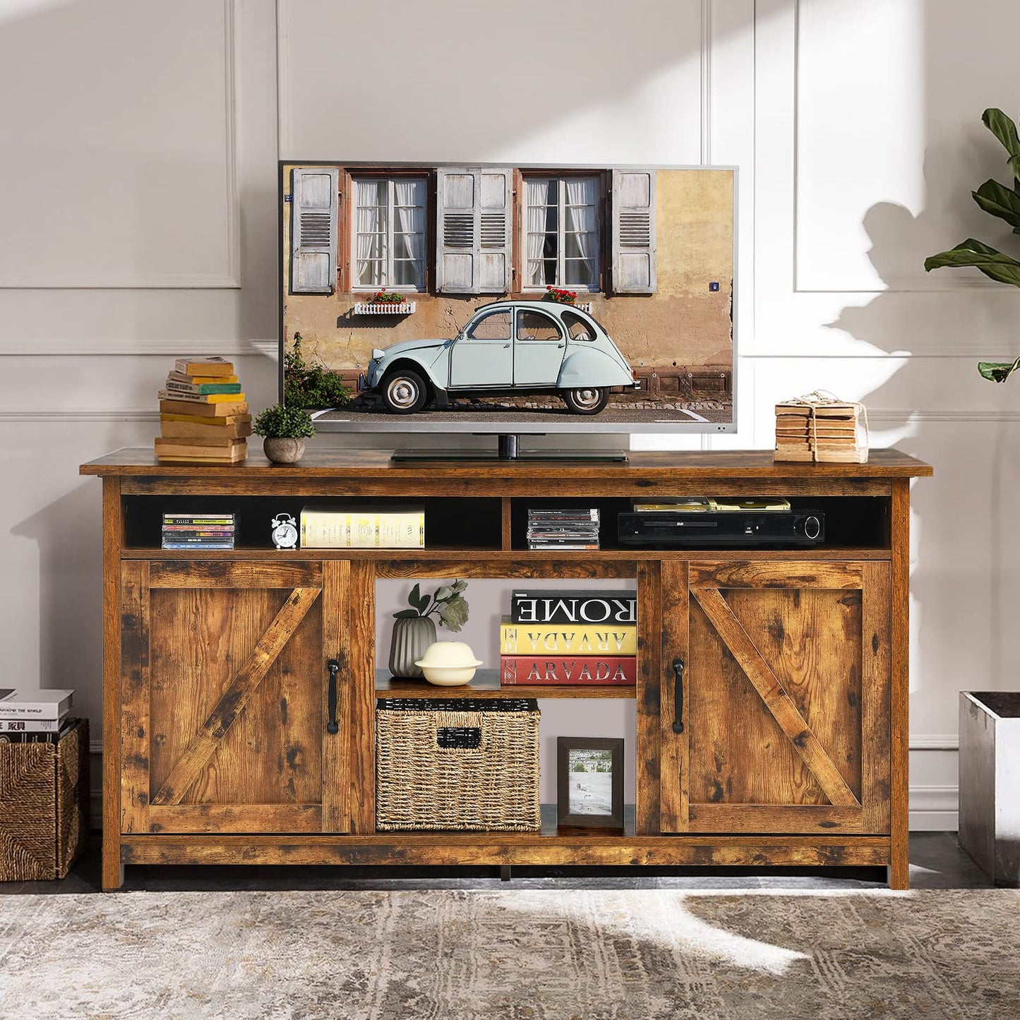 Farmhouse TV Stand for TVs up to 65", Wooden TV Cabinet Media Entertainment Center with Barn Doors & Open Shelf