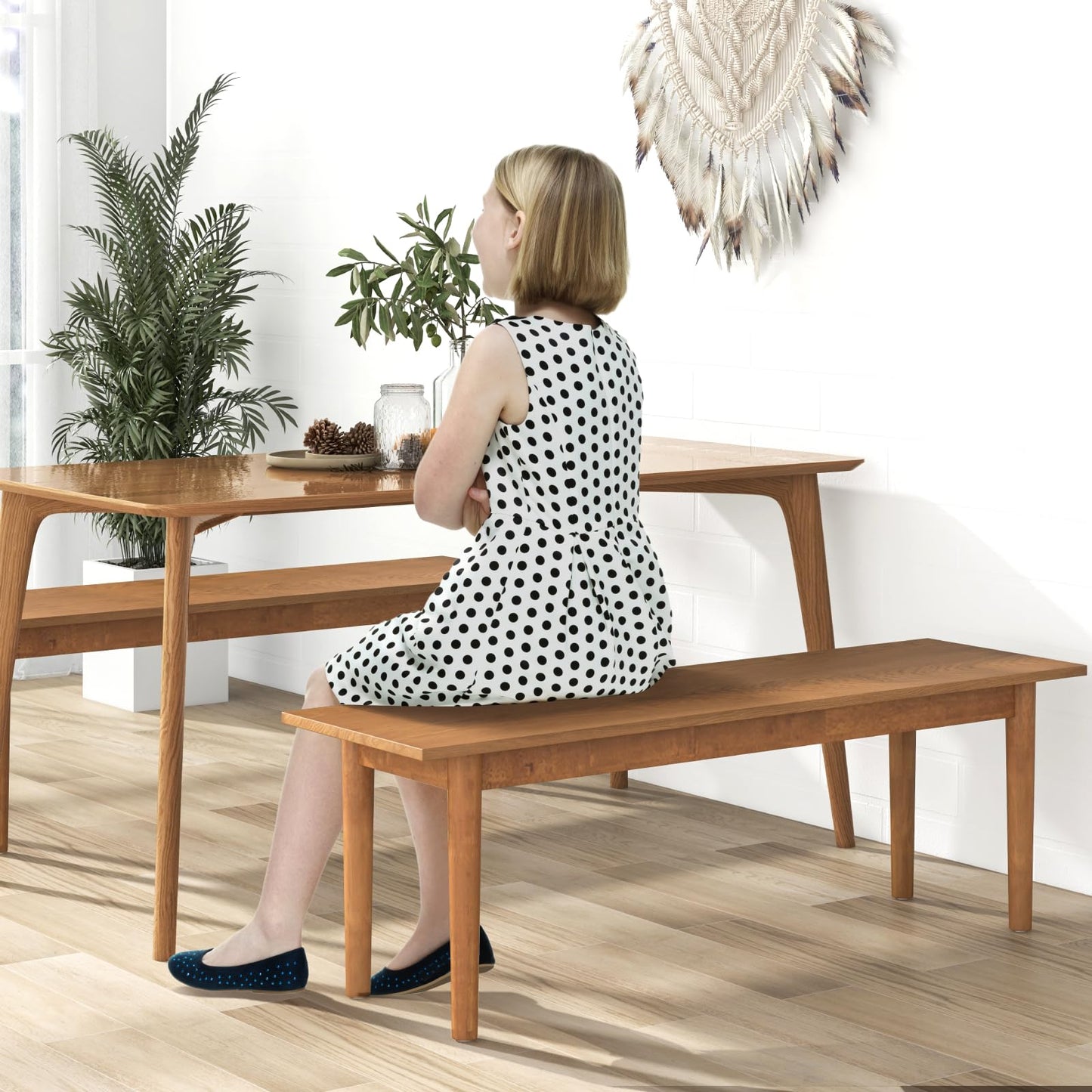 GiantexUK 140cm Wooden Dining Bench, Dining Room Bench with Rubber Wood Legs & Non-Slip Foot Pads