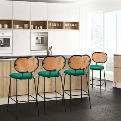 Bar Stools Set of 2, PU Leather Upholstered Bar Chairs with Imitation Rattan Backrest & Footrest