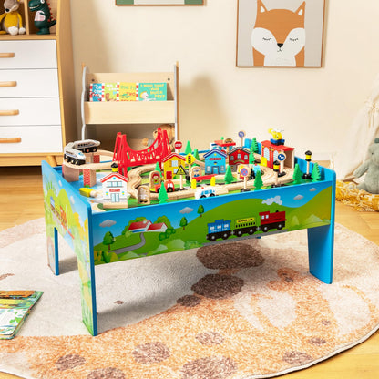 Train Track Set and Table, Wood Kids Play Tables with Abundant Accessories, DIY Railway Activity Playset for Boys Girls