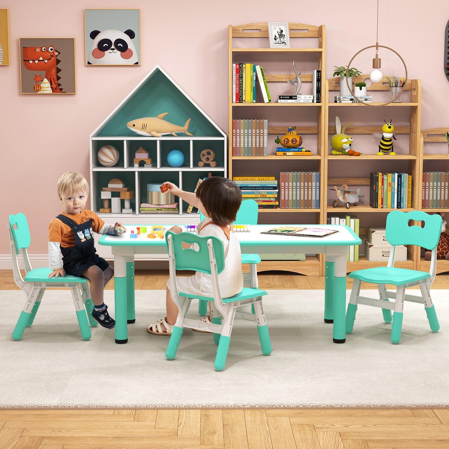 Kids Table and 4 Chairs Set, Height Adjustable Toddler Art Tables with Graffiti Desktop