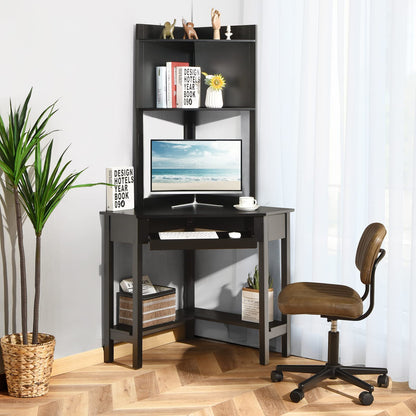 Corner Computer Desk with Top Bookshelf, Keyboard Tray and Storage Shelves, Space Saving Triangle PC Laptop Table