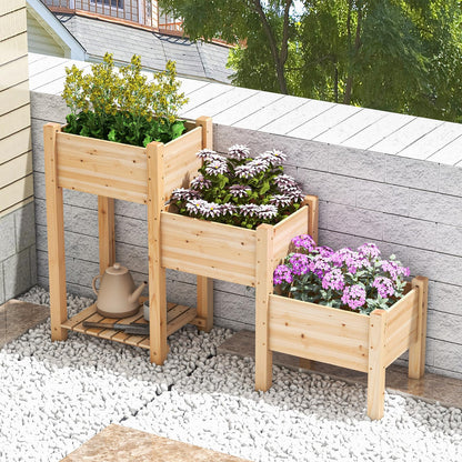 GiantexUK Wooden Raised Garden Bed, 3 Tier Vertical Ladder Garden Planter with Slatted Shelf & Drainage Holes