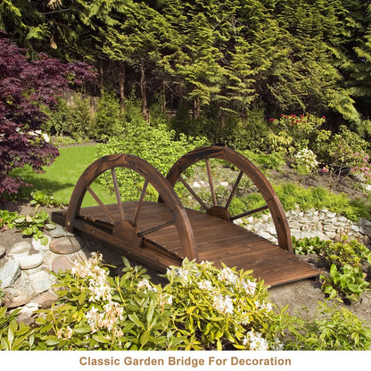 GiantexUK Wooden Garden Bridge, Decorative Arc Footbridge with Half Wheeled Railings, Outdoor Bridge Walkway for Ponds Streams Borders