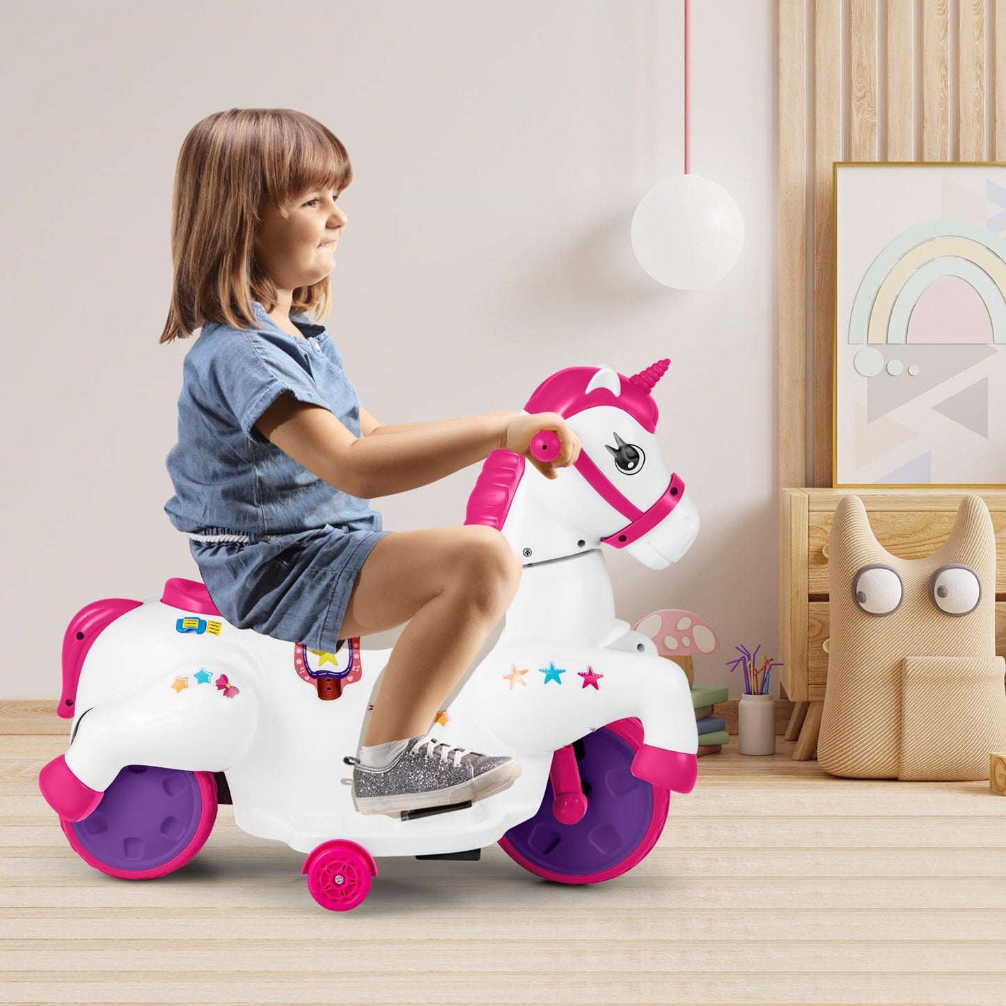 12V Kids Ride on Toy, Electric Ride on Unicorn with Training Wheels, Horse Riding Mode