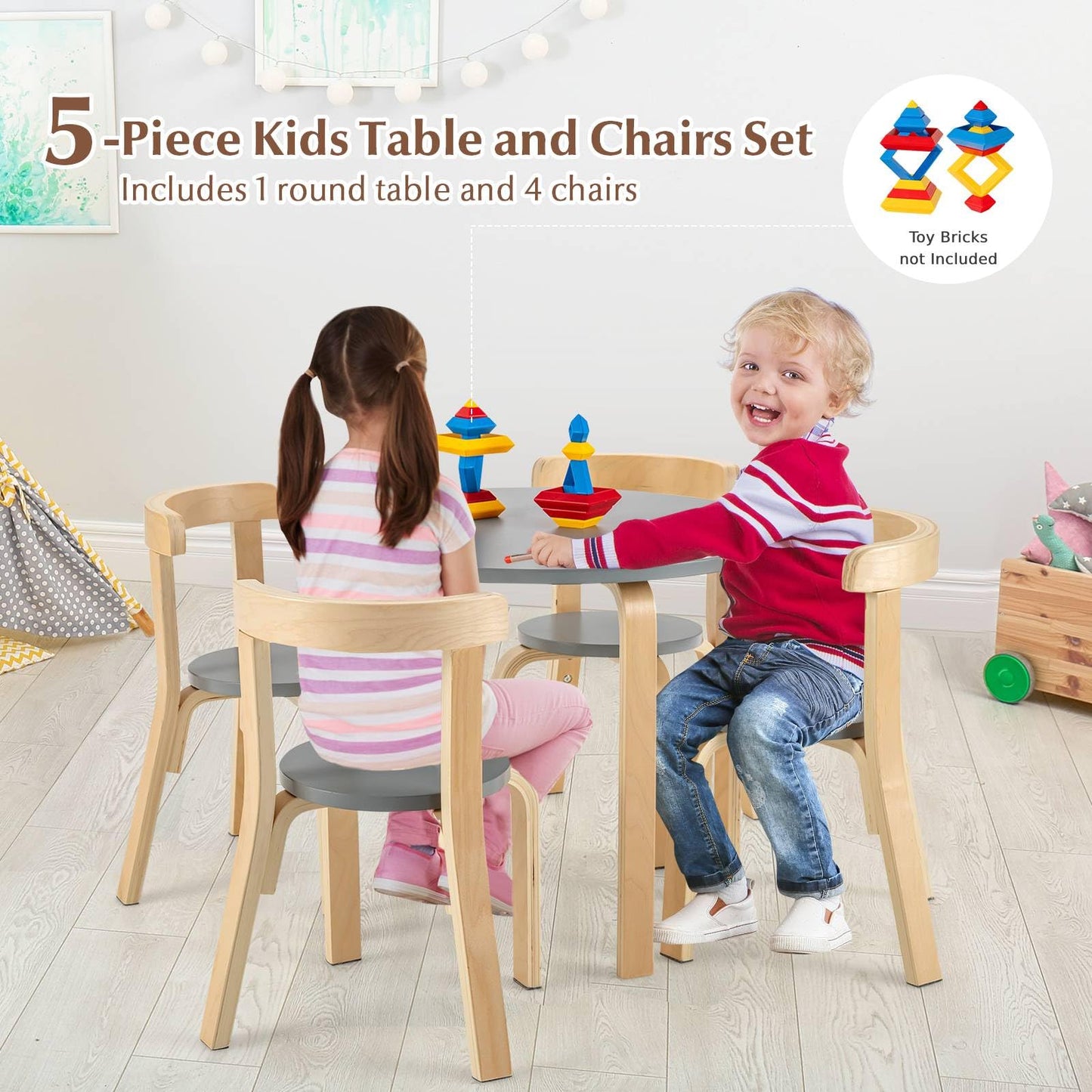 5-Piece Kids Table and Chair Set, Children Wooden Activity Table with 4 Curved Back Chairs