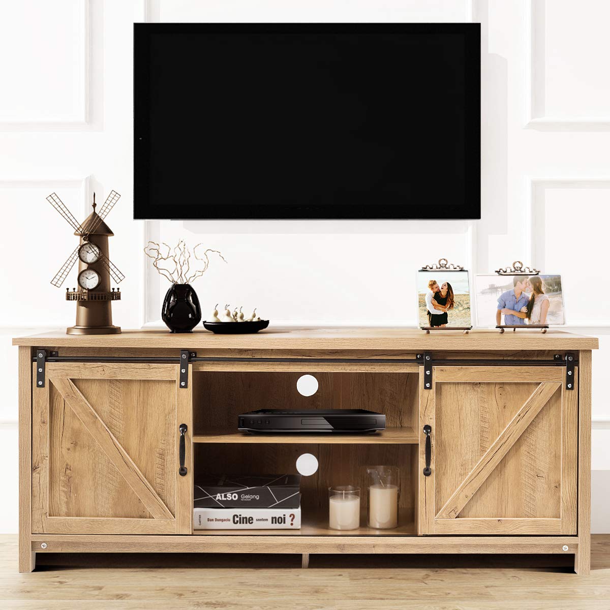 Farmhouse TV Stand for TVs up to 60 Inches, Wooden TV Cabinet Media Entertainment Center with Sliding Barn Door and Storage Shelves