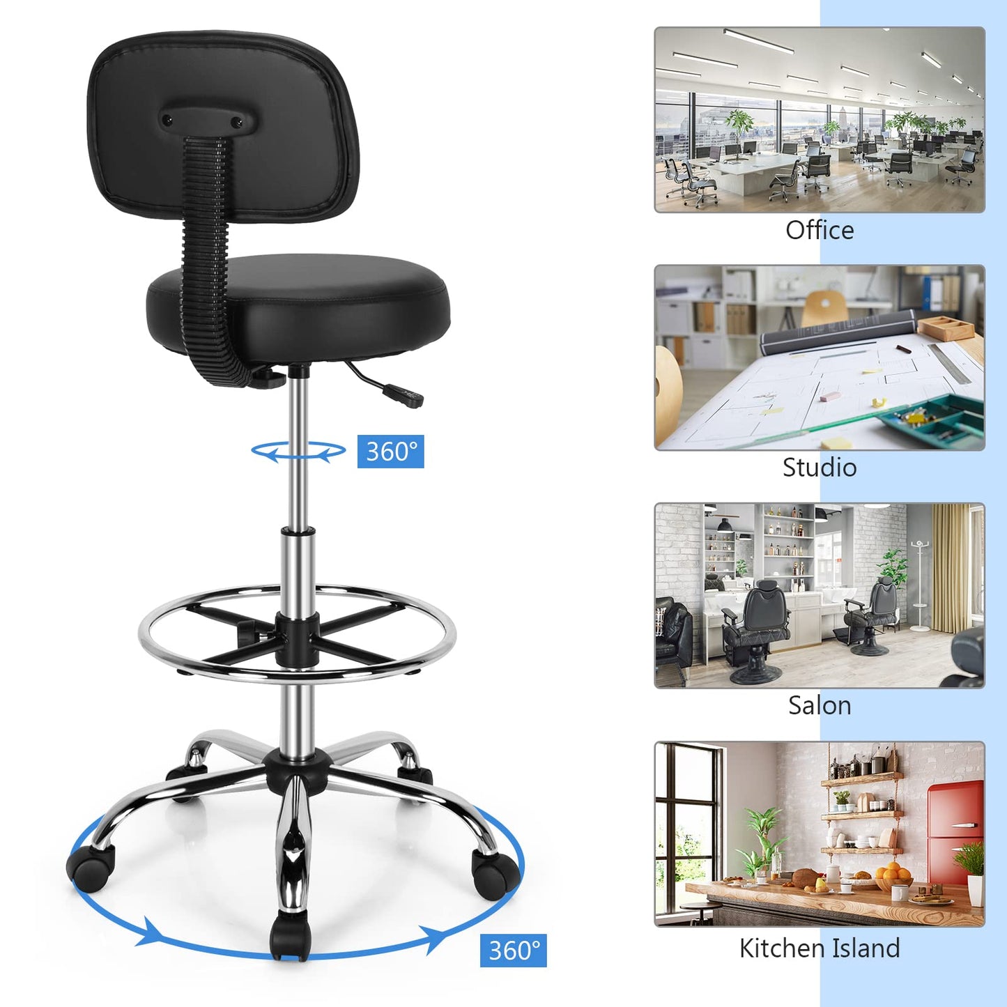 Ergonomic Drafting Chair, Height Adjustable Stool Swivel Office Chair with Backrest and Adjustable Footrest