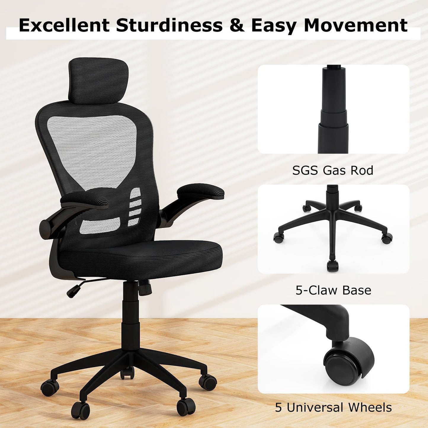 Mesh Office Chair, Ergonomic High Back Swivel Computer Desk Chair with Adjustable Headrest, Black